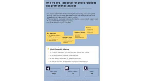 Who We Are Proposal For Public Relations And Promotional Services One Pager Sample Example Document Who We Are Proposal For Public Relations And Promotional Services One Pager Sample Example Document