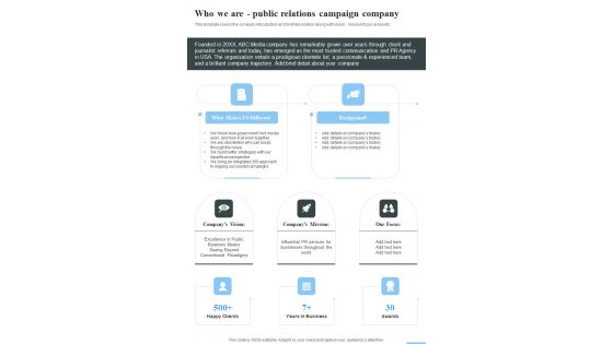 Who We Are Public Relations Campaign Company One Pager Sample Example Document