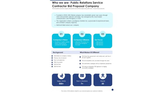 Who We Are Public Relations Service Contractor Bid Proposal Company One Pager Sample Example Document Who We Are Public Relations Service Contractor Bid Proposal Company One Pager Sample Example Document