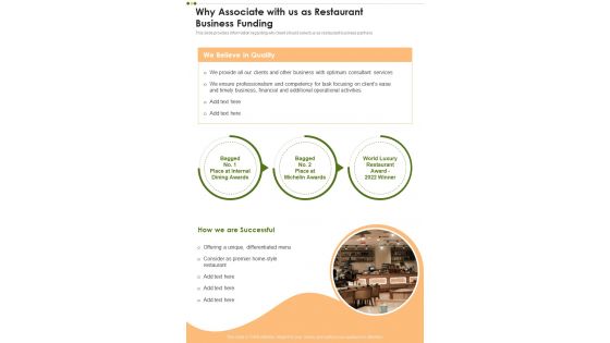 Why Associate With Us As Restaurant Business Funding One Pager Sample Example Document
