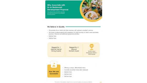 Why Associate With Us As Restaurant Development Proposal One Pager Sample Example Document