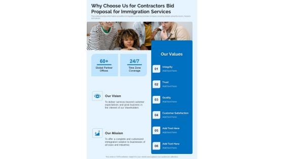 Why Choose Us For Contractors Bid Proposal For Immigration Services One Pager Sample Example Document Why Choose Us For Contractors Bid Proposal For Immigration Services One Pager Sample Example Document