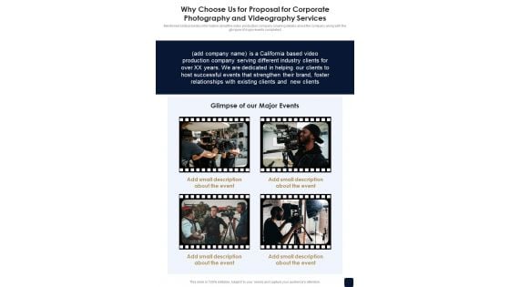 Why Choose Us For Corporate Photography And Videography Services One Pager Sample Example Document Why Choose Us For Corporate Photography And Videography Services One Pager Sample Example Document