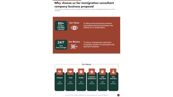 Why Choose Us For Immigration Consultant Company Business Proposal One Pager Sample Example Document