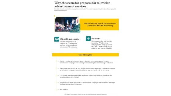 Why Choose Us For Proposal For Television Advertisement Services One Pager Sample Example Document Why Choose Us For Proposal For Television Advertisement Services One Pager Sample Example Document