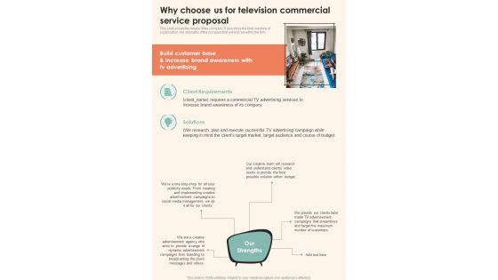 Why Choose Us For Television Commercial Service Proposal One Pager Sample Example Document