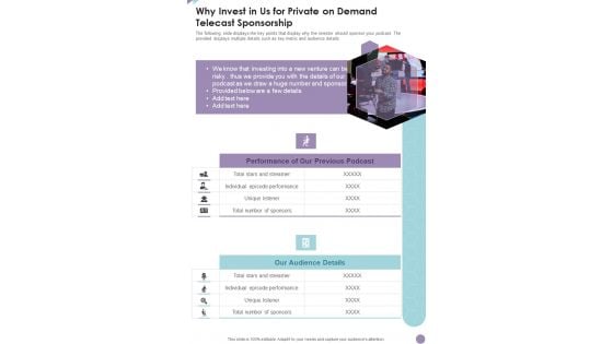 Why Invest In Us For Private On Demand Telecast Sponsorship One Pager Sample Example Document