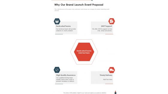 Why Our Brand Launch Event Proposal One Pager Sample Example Document