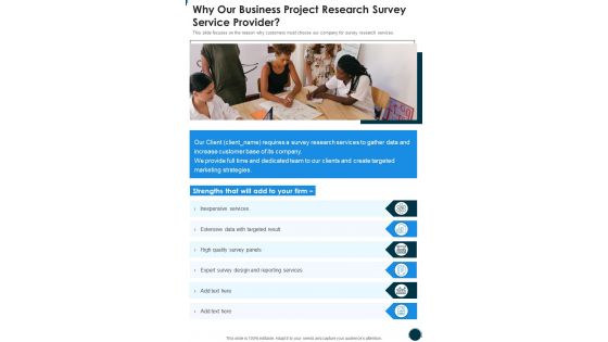 Why Our Business Project Research Survey Service Provider One Pager Sample Example Document