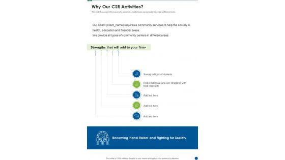 Why Our CSR Activities One Pager Sample Example Document