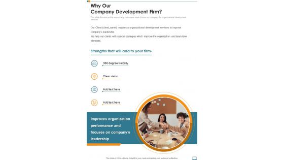 Why Our Company Development Firm One Pager Sample Example Document