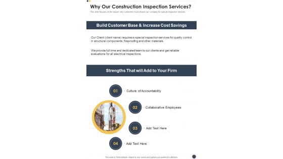 Why Our Construction Inspection Services One Pager Sample Example Document