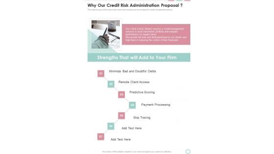Why Our Credit Risk Administration Proposal One Pager Sample Example Document Why Our Credit Risk Administration Proposal One Pager Sample Example Document