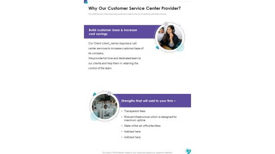Why Our Customer Service Center Provider One Pager Sample Example Document