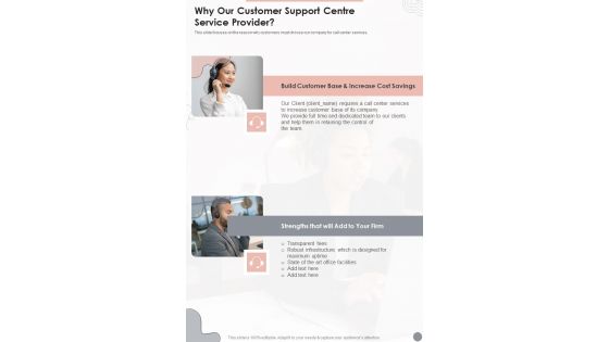 Why Our Customer Support Centre Service Provider One Pager Sample Example Document