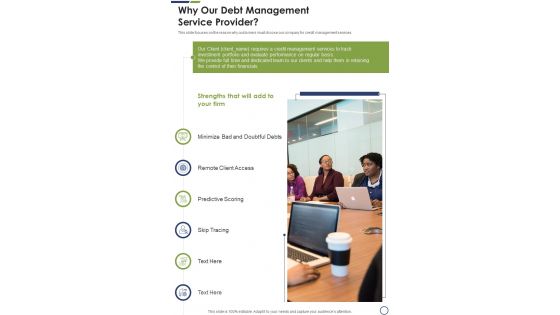 Why Our Debt Management Service Provider One Pager Sample Example Document