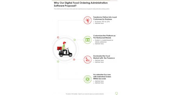 Why Our Digital Food Ordering Administration Software Proposal One Pager Sample Example Document Why Our Digital Food Ordering Administration Software Proposal One Pager Sample Example Document