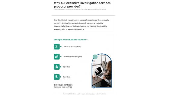 Why Our Exclusive Investigation Services Proposal Provider One Pager Sample Example Document Why Our Exclusive Investigation Services Proposal Provider One Pager Sample Example Document