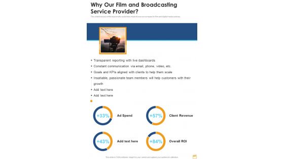 Why Our Film And Broadcasting Service Provider One Pager Sample Example Document