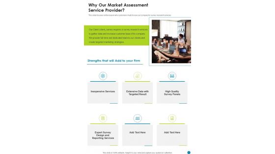 Why Our Market Assessment Service Provider One Pager Sample Example Document