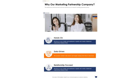 Why Our Marketing Partnership Company One Pager Sample Example Document