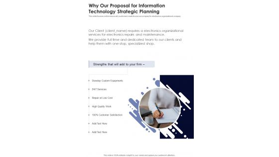 Why Our Proposal For Information Technology Strategic Planning One Pager Sample Example Document Why Our Proposal For Information Technology Strategic Planning One Pager Sample Example Document