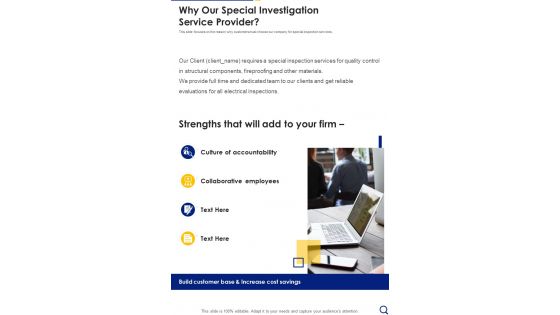 Why Our Special Investigation Service Provider One Pager Sample Example Document