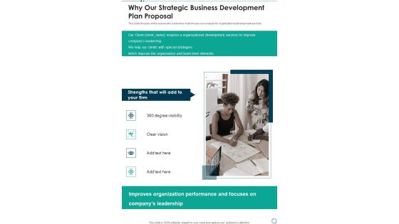 Why Our Strategic Business Development Plan Proposal One Pager Sample Example Document