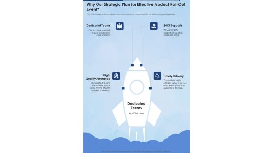 Why Our Strategic Plan For Effective Product Roll Out Event One Pager Sample Example Document