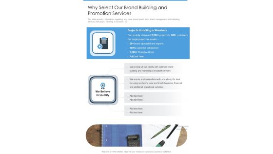 Why Select Our Brand Building And Promotion Services One Pager Sample Example Document Why Select Our Brand Building And Promotion Services One Pager Sample Example Document