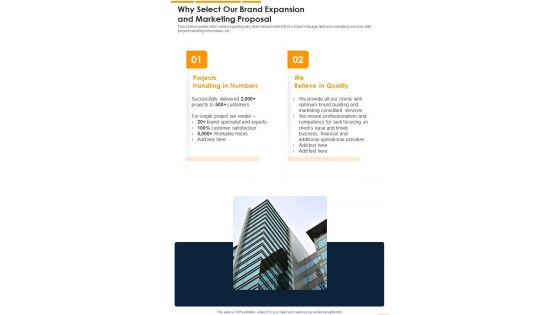 Why Select Our Brand Expansion And Marketing Proposal One Pager Sample Example Document