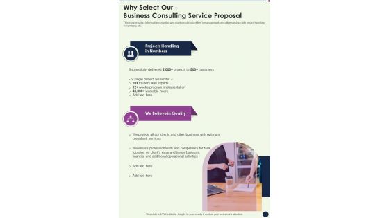 Why Select Our Business Consulting Service Proposal One Pager Sample Example Document Why Select Our Business Consulting Service Proposal One Pager Sample Example Document