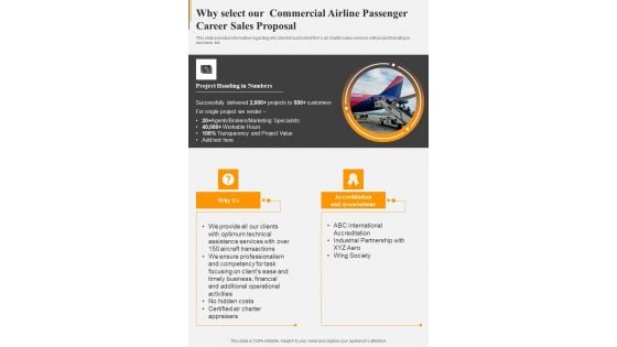 Why Select Our Commercial Airline Passenger Career Sales Proposal One Pager Sample Example Document