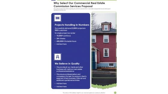 Why Select Our Commercial Real Estate Commission Services Proposal One Pager Sample Example Document