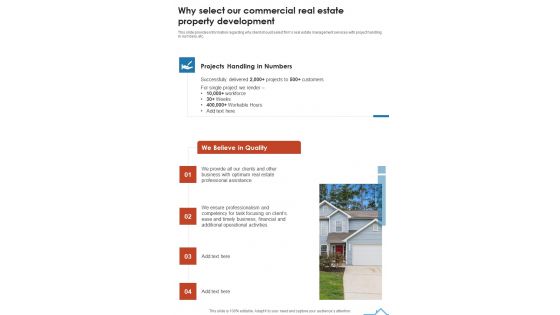 Why Select Our Commercial Real Estate Property Development One Pager Sample Example Document Why Select Our Commercial Real Estate Property Development One Pager Sample Example Document