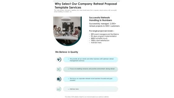 Why Select Our Company Retreat Proposal Template Services One Pager Sample Example Document