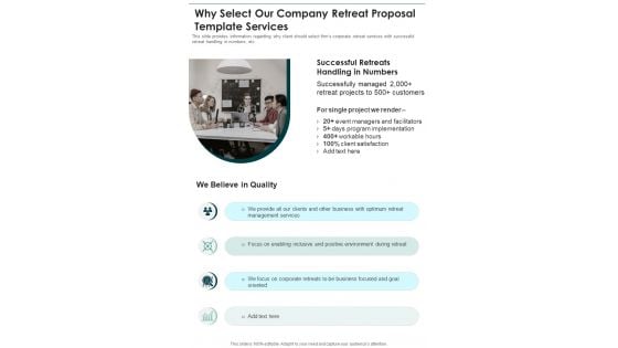 Why Select Our Company Retreat Proposal Template Services One Pager Sample Example Document Why Select Our Company Retreat Proposal Template Services One Pager Sample Example Document