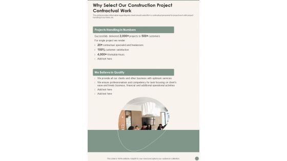 Why Select Our Construction Project Contractual Work One Pager Sample Example Document Why Select Our Construction Project Contractual Work One Pager Sample Example Document