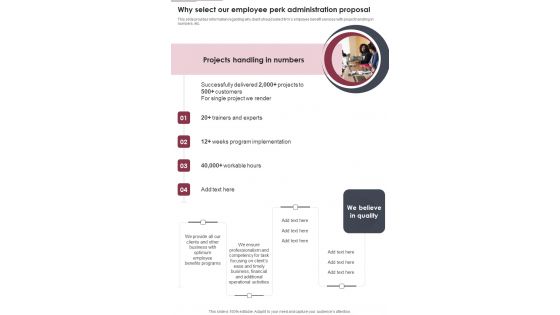 Why Select Our Employee Perk Administration Proposal One Pager Sample Example Document