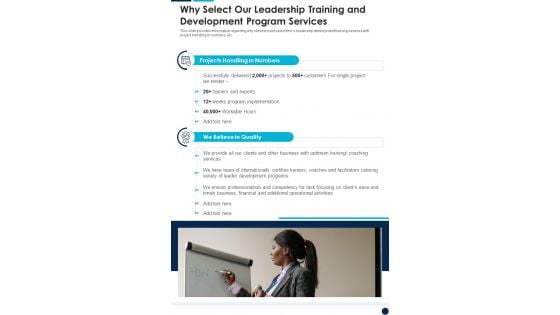 Why Select Our Leadership Training And Development Program Services One Pager Sample Example Document