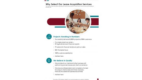 Why Select Our Lease Acquisition Services One Pager Sample Example Document