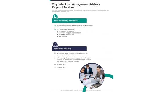 Why Select Our Management Advisory Proposal Services One Pager Sample Example Document