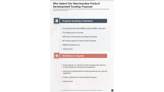 Why Select Our Merchandise Product Development Funding Proposal One Pager Sample Example Document Why Select Our Merchandise Product Development Funding Proposal One Pager Sample Example Document