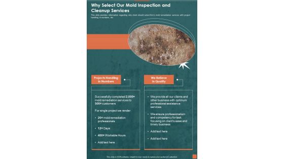 Why Select Our Mold Inspection And Cleanup Services One Pager Sample Example Document Why Select Our Mold Inspection And Cleanup Services One Pager Sample Example Document