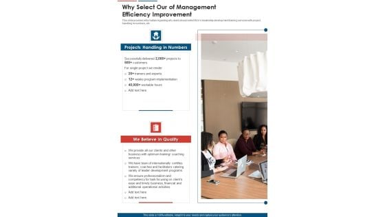 Why Select Our Of Management Efficiency Improvement One Pager Sample Example Document Why Select Our Of Management Efficiency Improvement One Pager Sample Example Document