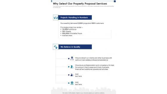 Why Select Our Property Proposal Services One Pager Sample Example Document