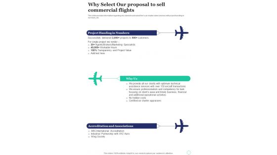 Why Select Our Proposal To Sell Commercial Flights One Pager Sample Example Document