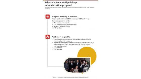 Why Select Our Staff Privilege Administration Proposal One Pager Sample Example Document