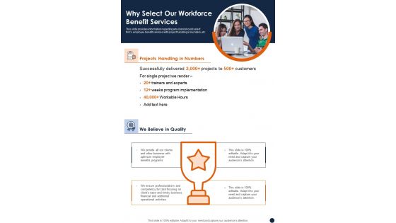 Why Select Our Workforce Benefit Services One Pager Sample Example Document