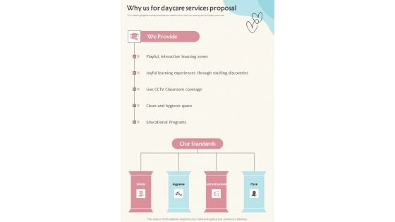 Why Us For Daycare Services Proposal One Pager Sample Example Document